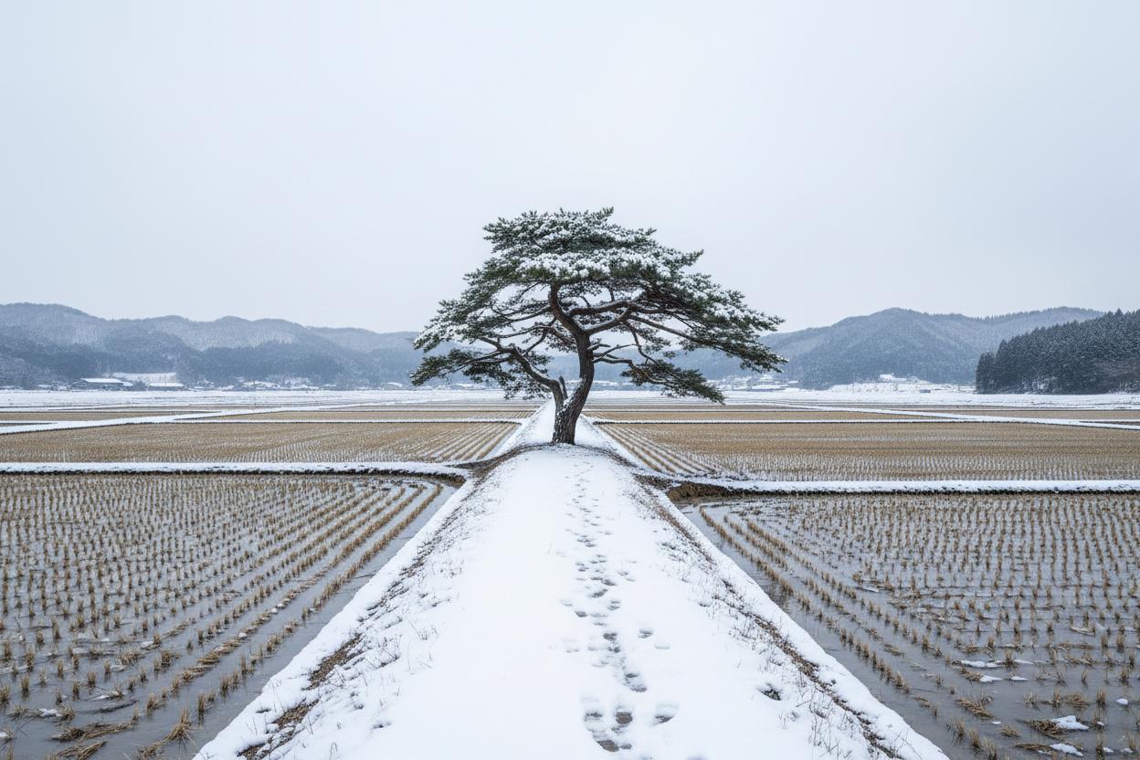 あぜ道の松と冬の雪景色