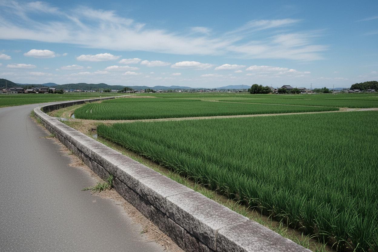 田園の縁石と夏の緑の稲